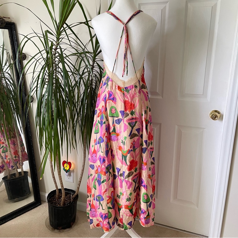 Farm Rio Sand Fairies Lace Trim Slip Midi Dress NWT Medium Beige Pink - Picture 10 of 16